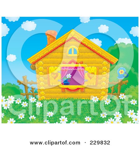 Royalty-Free (RF) Clipart Illustration of a Cute Log Cabin With A Field Of Daisy Flowers - 3 by Alex Bannykh