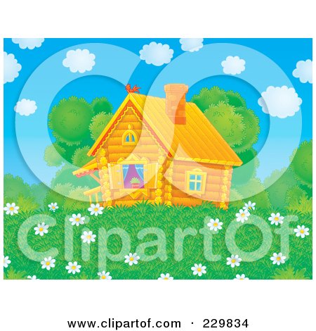 Royalty-Free (RF) Clipart Illustration of a Cute Log Cabin With A Field Of Daisy Flowers - 2 by Alex Bannykh