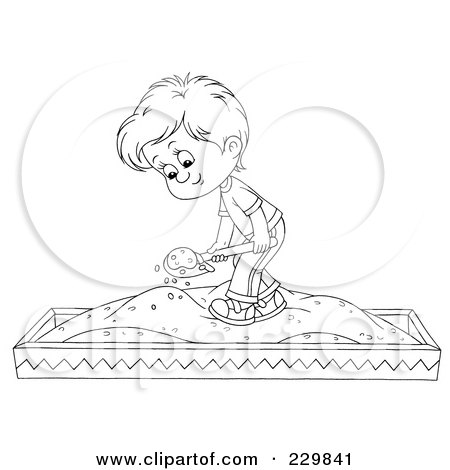Royalty-Free (RF) Clipart Illustration of a Coloring Page Outline Of A Boy Playing In A Sand Box by Alex Bannykh