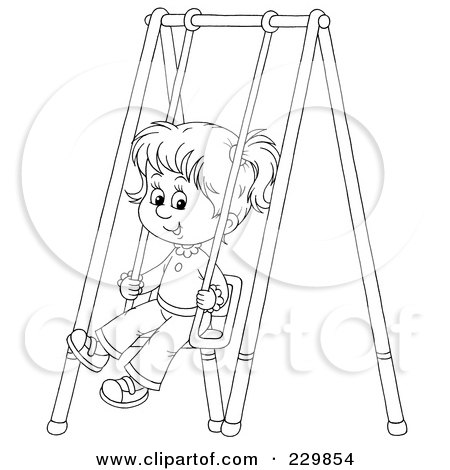 Royalty-Free (RF) Clipart Illustration of a Coloring Page Outline Of A Little Girl On A Swing by Alex Bannykh