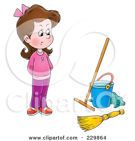 Royalty-Free (RF) Clipart Illustration of a Stubborn Girl Looking At Cleaning Supplies - 1 by Alex Bannykh