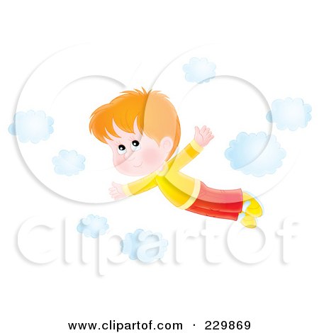 Royalty-Free (RF) Clipart Illustration of a Boy Flying Near Clouds - 2 by Alex Bannykh
