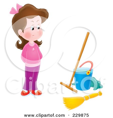 Royalty-Free (RF) Clipart Illustration of a Stubborn Girl Looking At Cleaning Supplies - 2 by Alex Bannykh