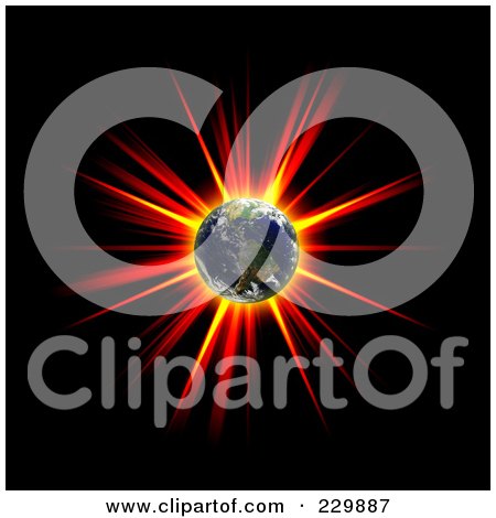 Royalty-Free (RF) Clipart Illustration of a Hot Explosion Behind Earth On Black by Arena Creative