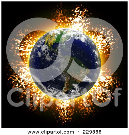 Royalty-Free (RF) Clipart Illustration of a Fiery Explosion Behind Earth On Black by Arena Creative