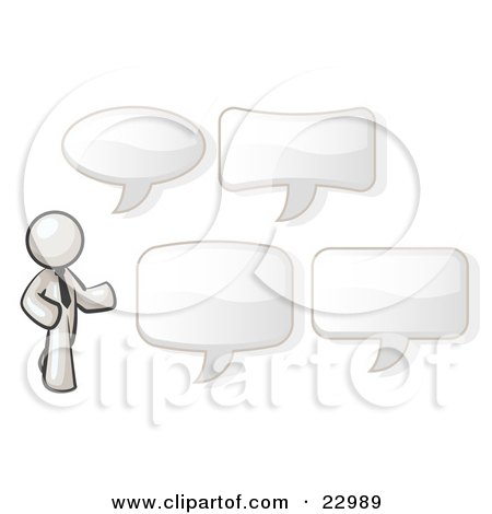 Clipart Illustration of a White Businessman With Four Different Word Bubbles by Leo Blanchette