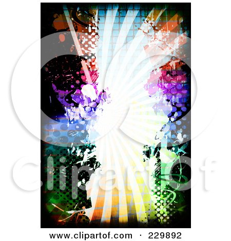 Royalty-Free (RF) Clipart Illustration of a Grungy Colorful Burst With Splatters And Halftone - 1 by Arena Creative
