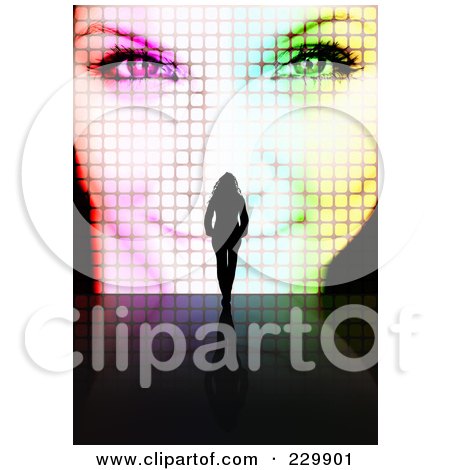 Royalty-Free (RF) Clipart Illustration of a Silhouetted Woman Walking Towards A Woman's Pixelated Face by Arena Creative