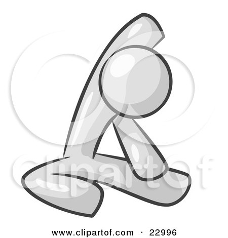 Clipart Illustration of a White Man Sitting On A Gym Floor And Stretching His Arm Up And Behind His Head by Leo Blanchette