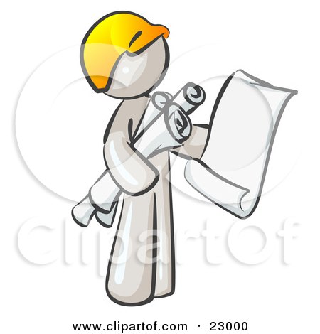 Clipart Illustration of a White Man Contractor Or Architect Holding Rolled Blueprints And Designs And Wearing A Hardhat by Leo Blanchette