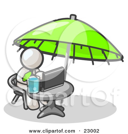 Clipart Illustration of a Traveling White Business Man Sitting Under an Umbrella at a Table Using a Laptop Computer  by Leo Blanchette