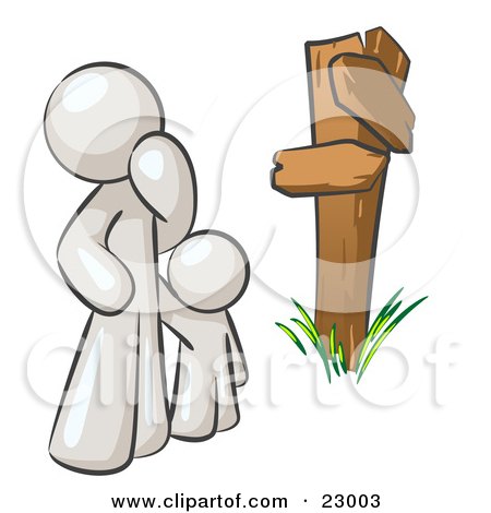 Clipart Illustration of an Uncertain White Man And Child Standing At A Wooden Post, Trying To Decide Which Direction To Go At A Crossroads by Leo Blanchette