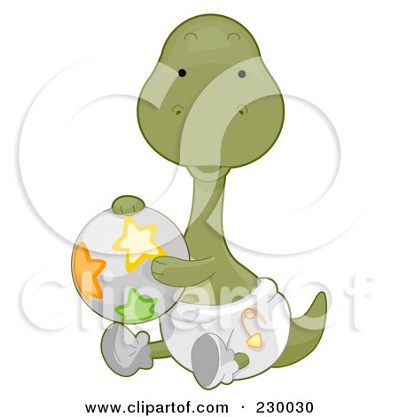 Royalty-Free (RF) Clipart Illustration of a Cute Baby Brontosaurus Dino Holding A Ball And Wearing A Diaper by BNP Design Studio