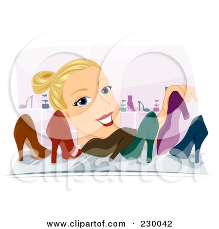 Royalty-Free (RF) Clipart Illustration of a Blond Woman Organizing Shoes On A Shelf by BNP Design Studio