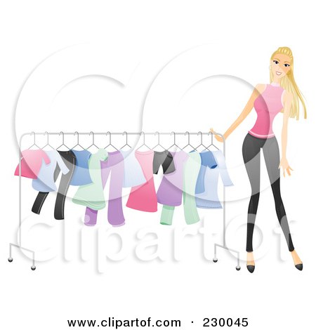 Royalty-Free (RF) Clipart Illustration of a Woman Pushing A Clothing Rack by BNP Design Studio