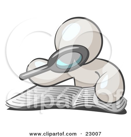 Clipart Illustration of a White Man Using A Magnifying Glass To Examine The Facts In The Daily Newspaper by Leo Blanchette