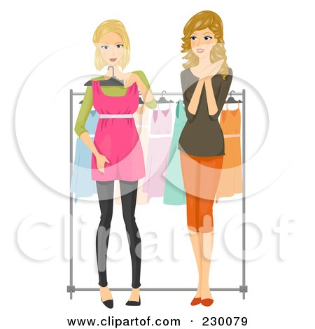 Royalty-Free (RF) Clipart Illustration of a Woman Helping Her Friend Pick Out A Dress by BNP Design Studio