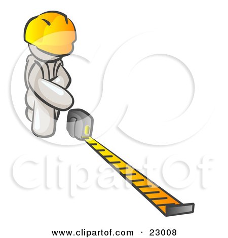 Clipart Illustration of a White Man Contractor Wearing A Hardhat, Kneeling And Measuring by Leo Blanchette