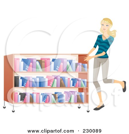 Royalty-Free (RF) Clipart Illustration of a Woman Pushing A Rolling Shelf Of Books In A Library by BNP Design Studio