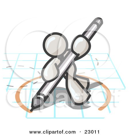 Clipart Illustration of a White Man Holding a Pencil and Drawing a Circle on a Blueprint by Leo Blanchette