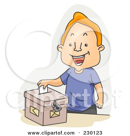 Royalty-Free (RF) Clipart Illustration of a Happy Male Voter Sticking His Ballot In A Box Over Gray by BNP Design Studio