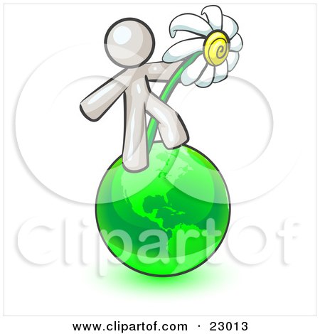 Clipart Illustration of a White Man Standing On The Green Planet Earth And Holding A White Daisy, Symbolizing Organics And Going Green For A Healthy Environment by Leo Blanchette