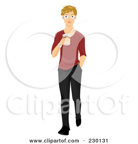 Royalty-Free (RF) Clipart Illustration of a Blond Man Walking And Holding A Coffee Cup by BNP Design Studio