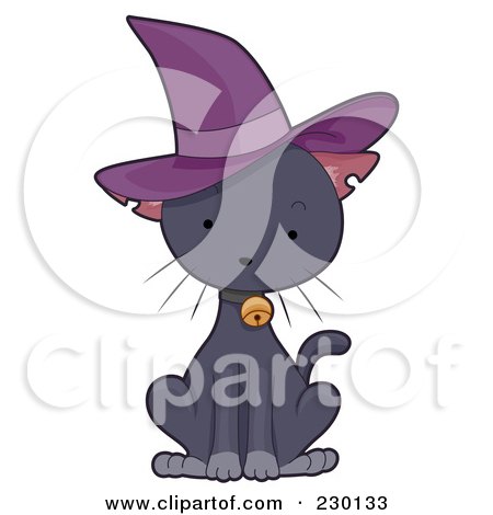 Royalty-Free (RF) Clipart Illustration of a Cute Black Kitten Wearing A Purple Witch Hat by BNP Design Studio
