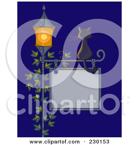 Royalty-Free (RF) Clipart Illustration of a Black Cat Sitting On A Sign Post With A Vine And Lamp At Night by BNP Design Studio