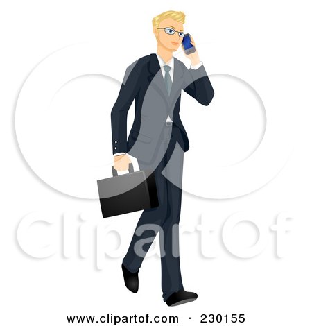Royalty-Free (RF) Clipart Illustration of a Blond Businessman Walking And Chatting On A Cell Phone by BNP Design Studio