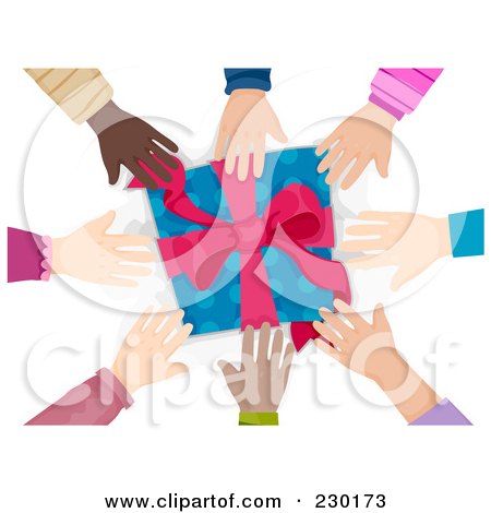 Royalty-Free (RF) Clipart Illustration of Diverse Hands Reaching For A Present by BNP Design Studio