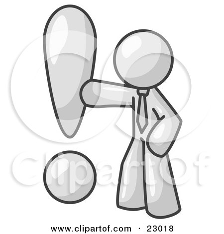 Clipart Illustration of a White Businessman Standing by a Large Exclamation Point by Leo Blanchette