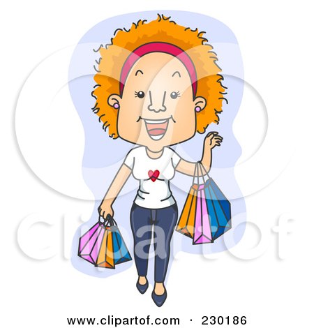 Royalty-Free (RF) Clipart Illustration of a Happy Woman Shopping Over Blue by BNP Design Studio
