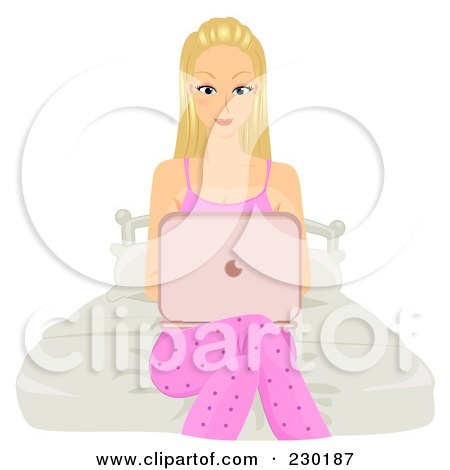 Royalty-Free (RF) Clipart Illustration of a Blond College Girl Sitting On A Bed And Using A Laptop by BNP Design Studio