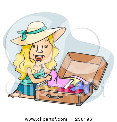 Royalty-Free (RF) Clipart Illustration of a Happy Woman Packing Her Luggage Over Grey by BNP Design Studio