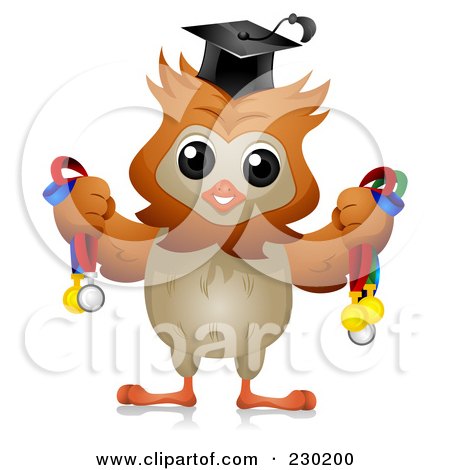 Royalty-Free (RF) Clipart Illustration of a Professor Owl Holding Medals by BNP Design Studio