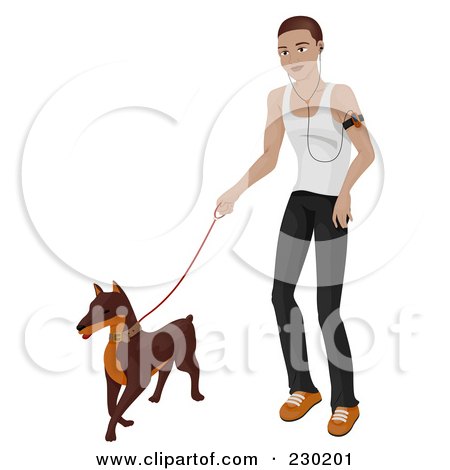 Royalty-Free (RF) Clipart Illustration of a Man Listening To An Mp3 Player And Walking His Dog by BNP Design Studio