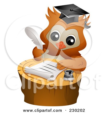 Royalty-Free (RF) Clipart Illustration of a Professor Owl Writing A Letter On A Tree Stump by BNP Design Studio
