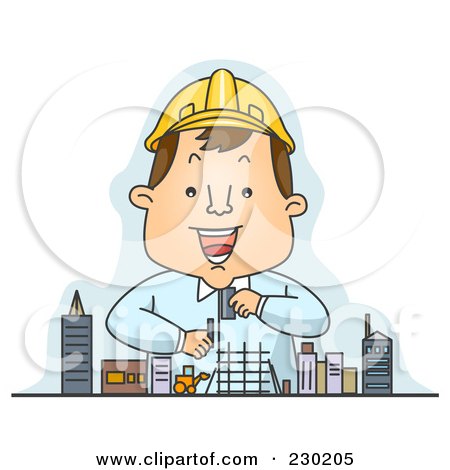 Royalty-Free (RF) Clipart Illustration of a Happy Engineer Planning Over Blue by BNP Design Studio