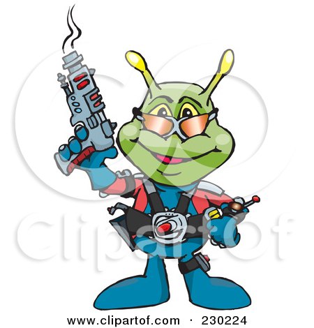 Royalty-Free (RF) Clipart Illustration of a Green Alien Holding A Ray Gun by Dennis Holmes Designs