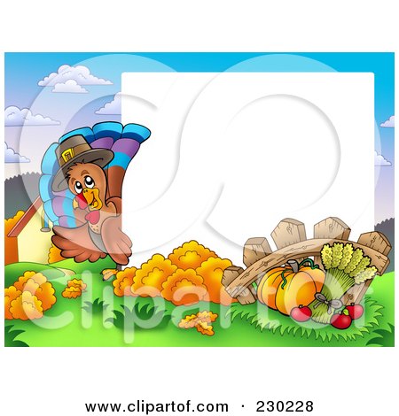 Royalty-Free (RF) Clipart Illustration of a Horizontal Thanksgiving Turkey Bird And Harvest Frame Around White Space by visekart