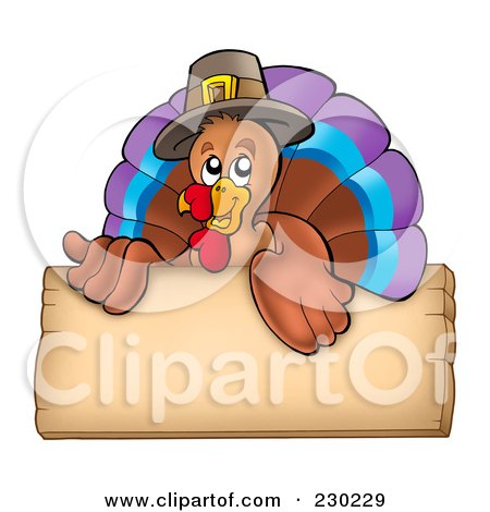 Royalty-Free (RF) Clipart Illustration of a Thanksgiving Turkey Bird Over A Wooden Sign by visekart