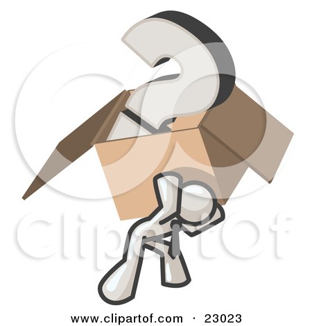 Clipart Illustration of a White Man Carrying a Heavy Question Mark in a Box by Leo Blanchette
