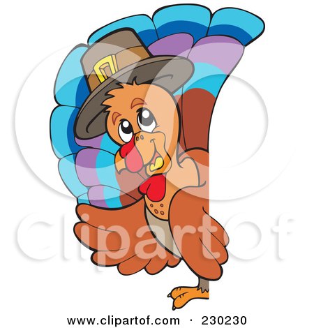 Royalty-Free (RF) Clipart Illustration of a Thanksgiving Turkey Bird Around A Blank Sign by visekart