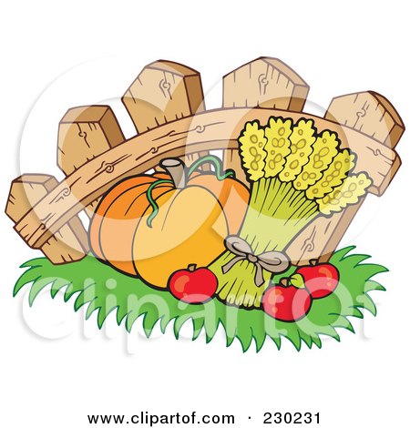 Royalty-Free (RF) Clipart Illustration of a Pumpkin, Wheat And Apples Against A Fence by visekart