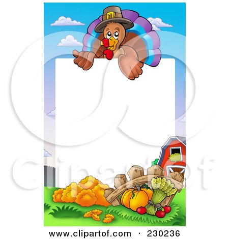 Royalty-Free (RF) Clipart Illustration of a Vertical Thanksgiving Turkey Bird And Harvest Frame Around White Space by visekart