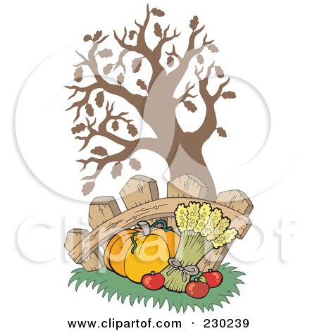 Royalty-Free (RF) Clipart Illustration of a Pumpkin, Wheat And Apples Under A Tree Against A Fence by visekart