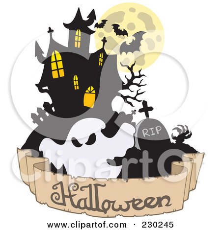 Royalty-Free (RF) Clipart Illustration of a Haunted Mansion, Ghost And Halloween Greeting Banner by visekart