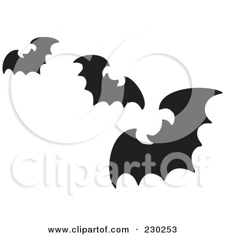 Royalty-Free (RF) Clipart Illustration of Three Black Silhouetted Flying Bats by visekart