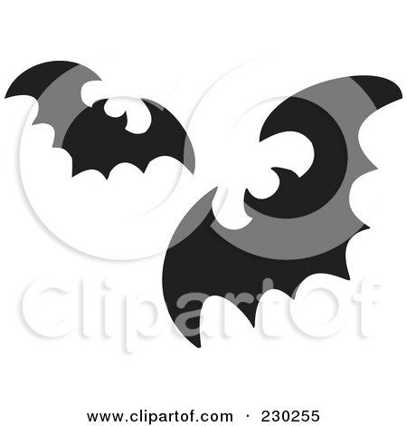 Royalty-Free (RF) Clipart Illustration of Two Black Silhouetted Flying Bats by visekart